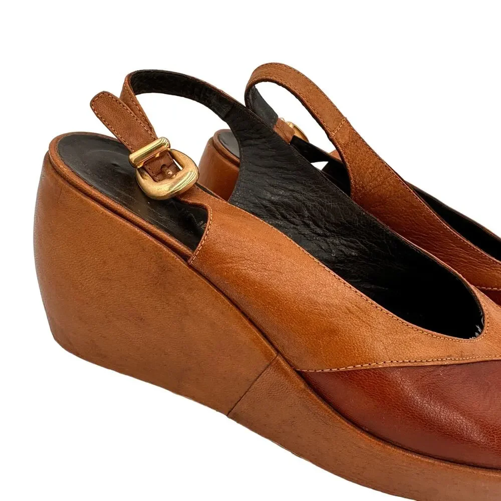 Nine West Vintage Y2K Leather Two Toned Brown Wedge Slingback Heels Size 7.5 - 8